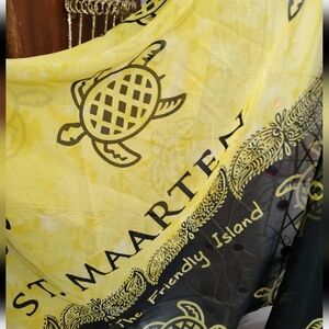 St Maarten Sheer Scarf Black & Yellow "The Friendly Island" W/Tortoises Rima SXM